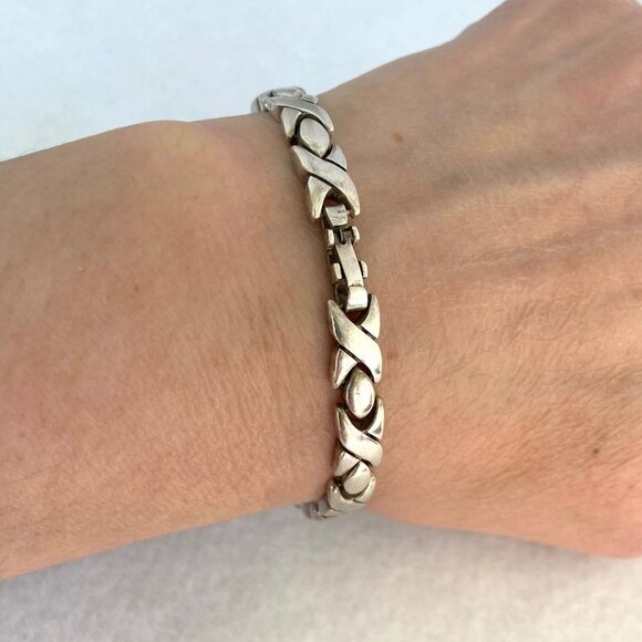 VTG Sterling Silver 925 Mexico Heavy Modernist 6MM XO Link Bracelet Sz 7.5" 24g - Picture 3 of 16